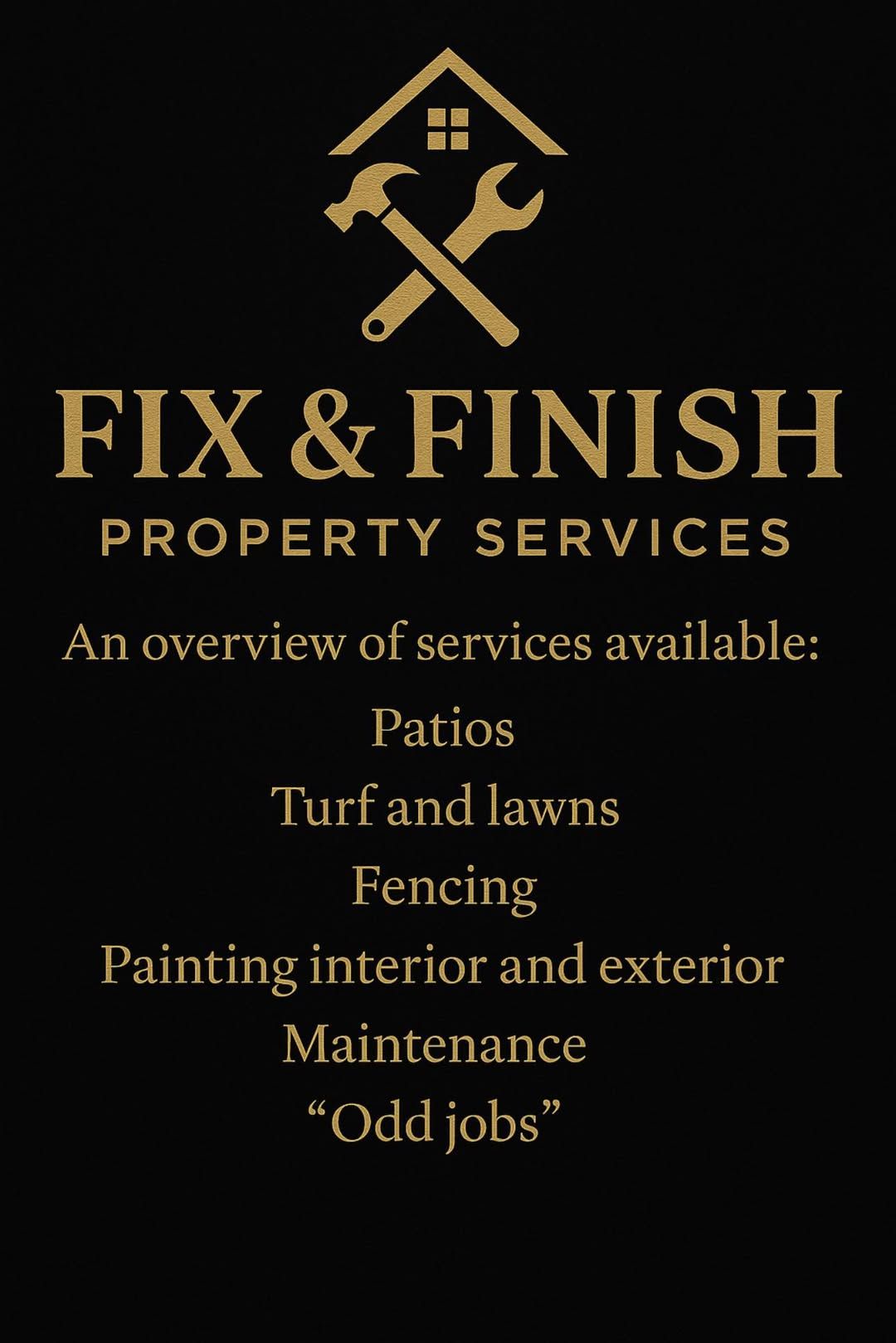 Fix & Finish Property Services overview graphic listing patios, turf and lawns, fencing, painting, and odd jobs